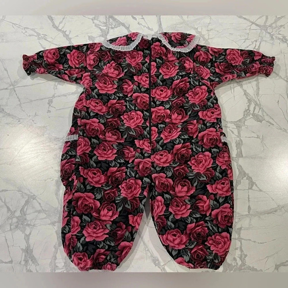 Vintage Floral Bubble Long Sleeve Jumpsuit Bib Collar & Bow Pink Baby Girl - Picture 4 of 4